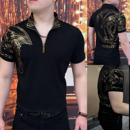 🔥【Vânzare excelentă】 Tricou polo elegant pentru bărbați, cu rever și fermoar - Negru clasic cu broderie rafinată