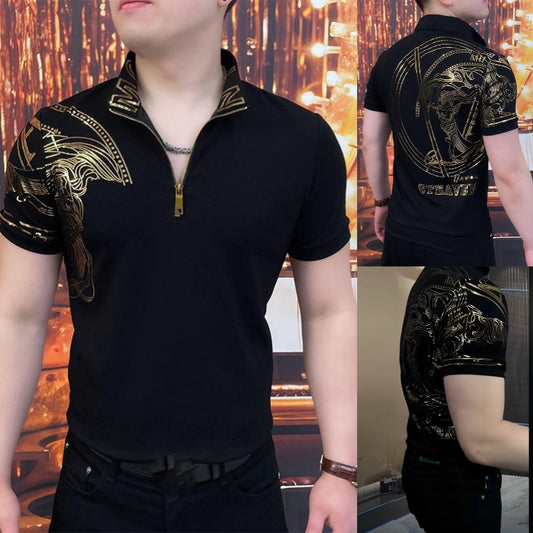 🔥【Vânzare excelentă】 Tricou polo elegant pentru bărbați, cu rever și fermoar - Negru clasic cu broderie rafinată