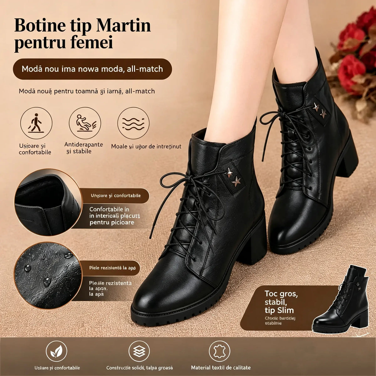 👢【35-41】Ghete de damă tip Martin din piele naturală, pentru toamnă și iarnă, prevăzute cu talpă antiderapantă și disponibile în două variante: cu sau fără căptușeală din cașmir.
