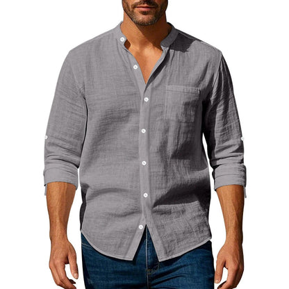 👔🔥 Camisa informal de lino para hombre, manga larga, cuello alto, tejido transpirable.