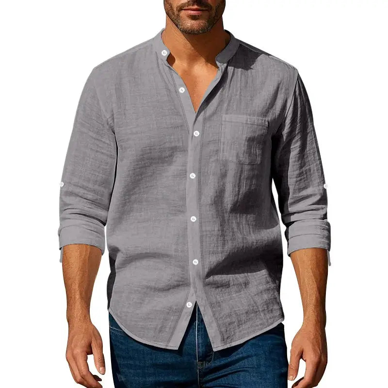 👔🔥 Camisa informal de lino para hombre, manga larga, cuello alto, tejido transpirable.