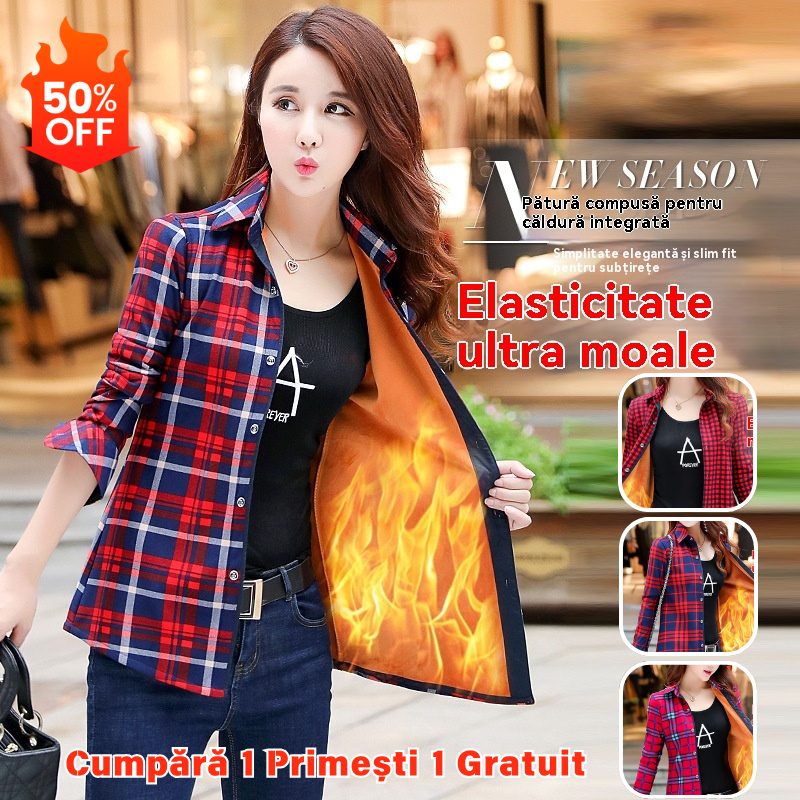 【Cumpără unul, primești unul gratuit】Cămașă de iarnă din fleece gros în carouri pentru femei, la modă și subțire, elasticitate ridicată