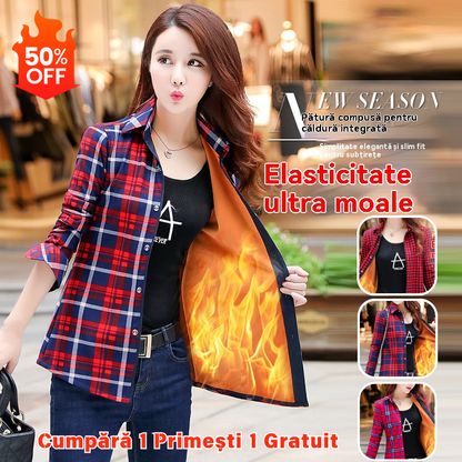 【Cumpără unul, primești unul gratuit】Cămașă de iarnă din fleece gros în carouri pentru femei, la modă și subțire, elasticitate ridicată