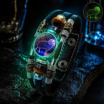 🌙 Brățară din piele luminoasă, cu simbol zodiacal – design împletit în 3 straturi, lungime reglabilă, unisex 💫✨