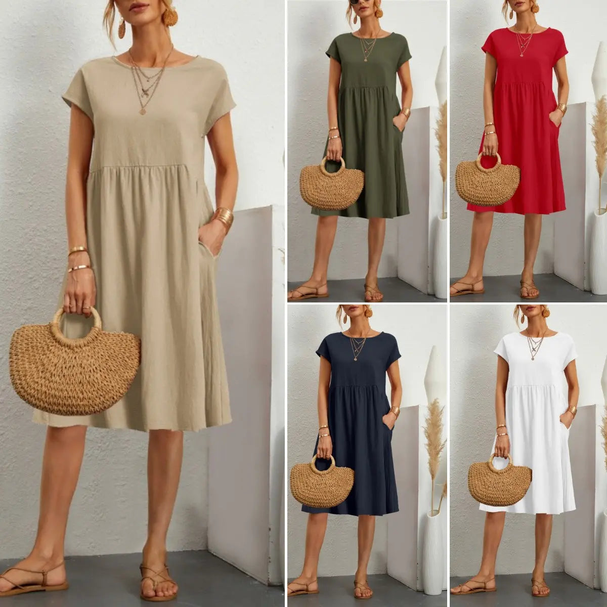 💃【S-5XL】Rochie de vară pentru femei, mărimi mari, stil casual office, croială în linie A, cu decolteu rotund