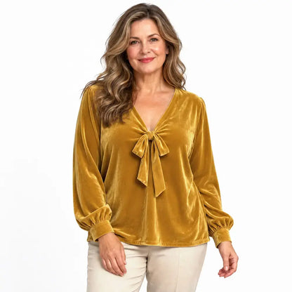 ✨ Nou stil pentru toamnă-iarnă – Top elegant din catifea, cu decolteu în V și detaliu cu legătură