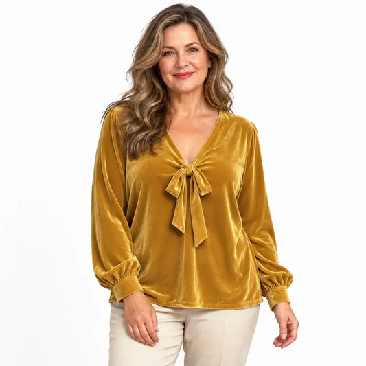 ✨ Nou stil pentru toamnă-iarnă – Top elegant din catifea, cu decolteu în V și detaliu cu legătură