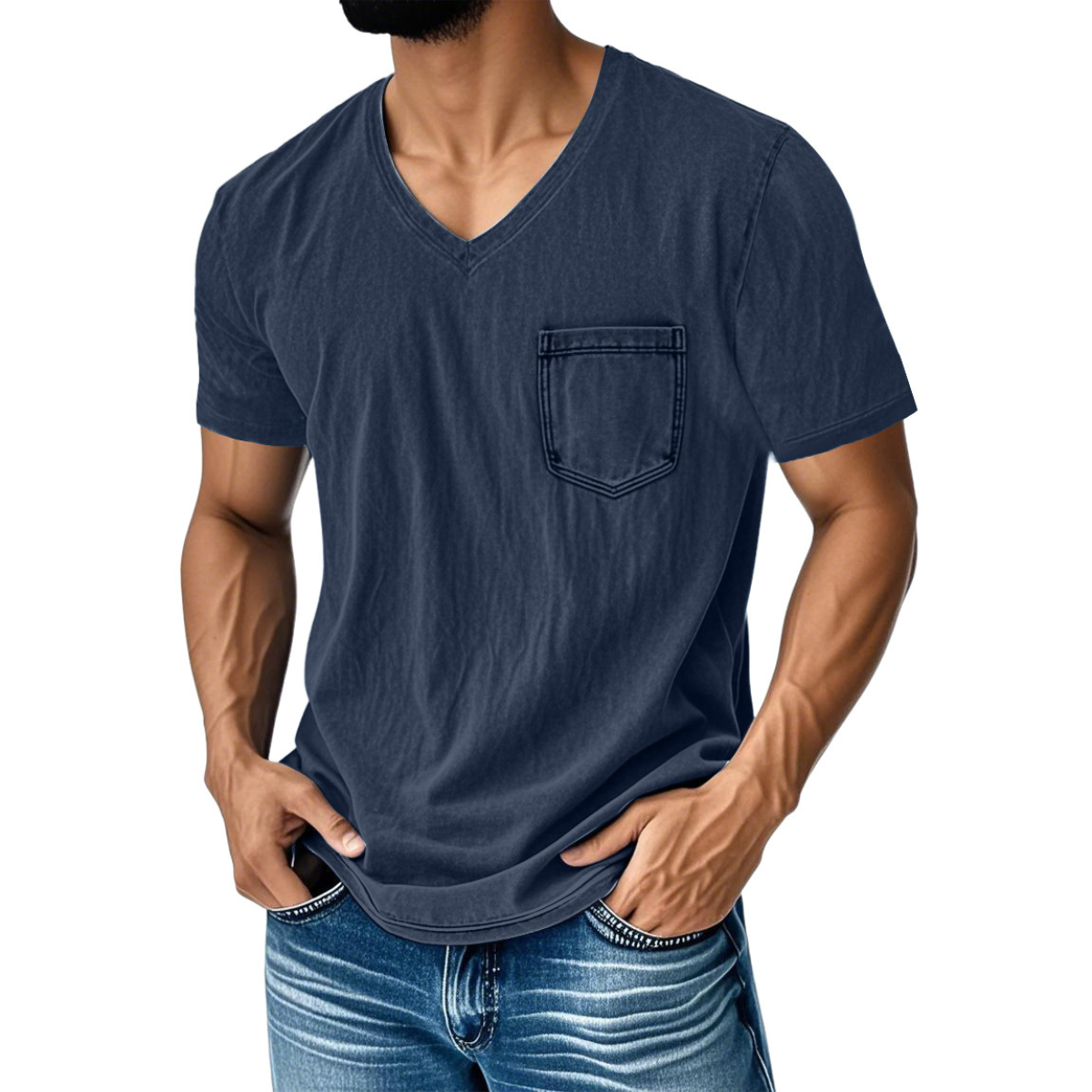 👔 50% reducere🔥【40-120 kg】Tricou bărbătesc din denim, casual, lejer, cu decolteu în V și mânecă scurtă ✅️Ramburs la livrare