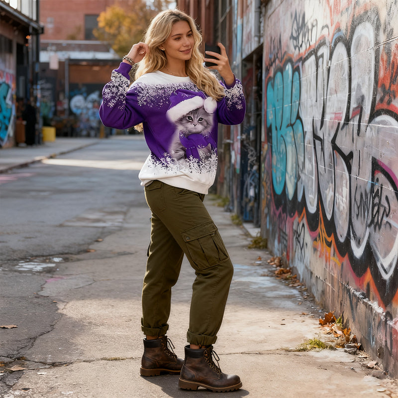  ✨🌸【S-8XL】 Świąteczna koszulka z długim rękawem i nadrukiem 3D z kotem