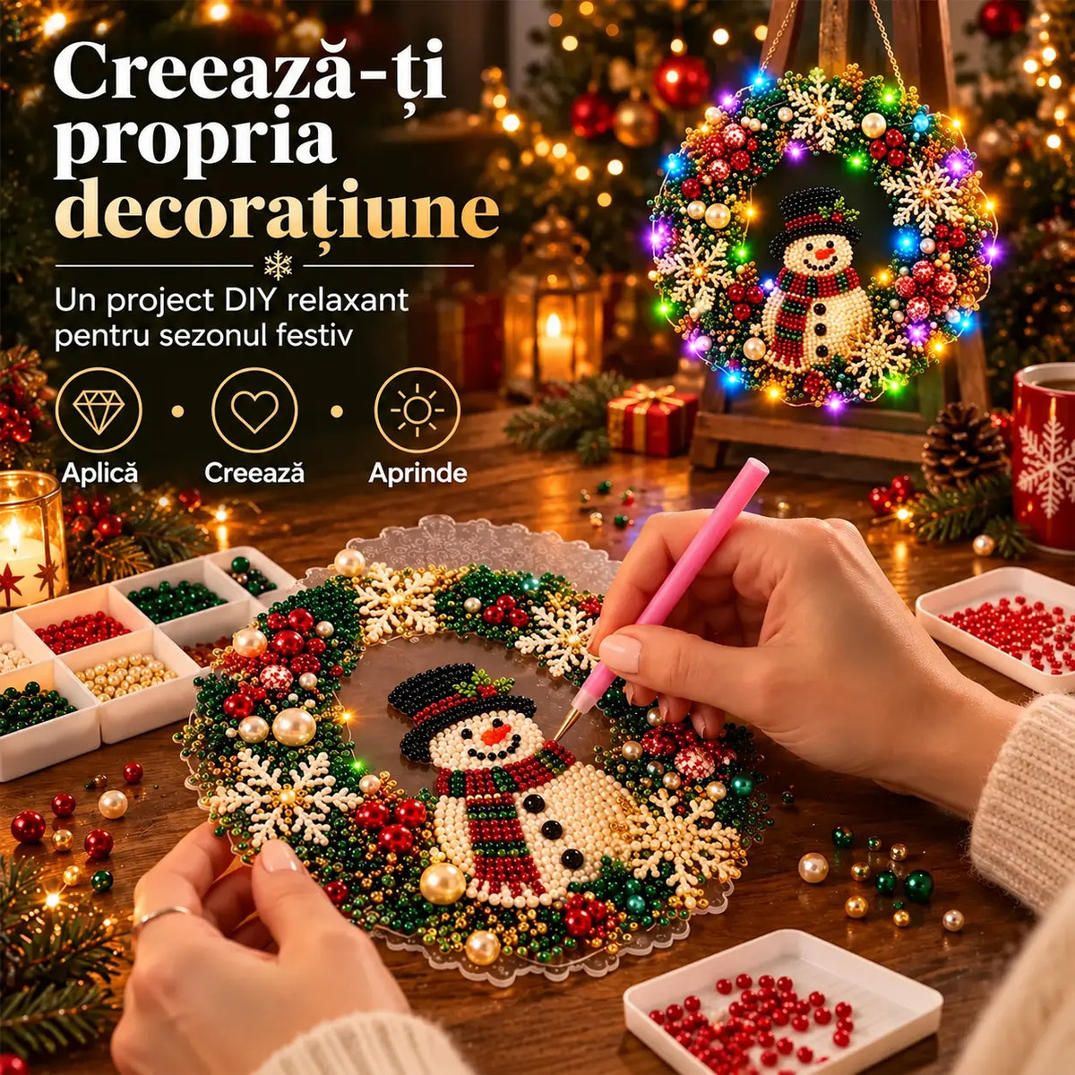 🎄 Coroniță DIY de Crăciun cu Diamante, Perle și Lumini LED! Placă Acrilică Rezistentă · 9 Modele Festive · Decor Perfect pentru Uși, Pereți și Fereastră · Cadou Creat cu Suflet!