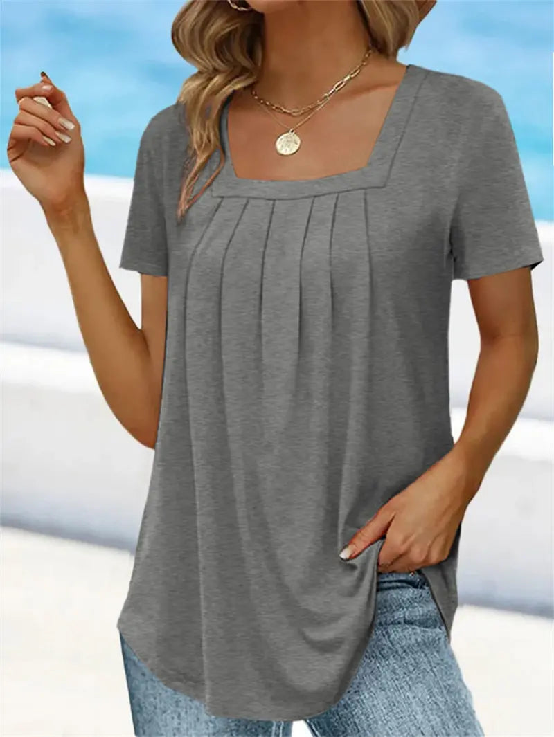 👚【40-120kg】Tricou de damă supradimensionat cu guler pătrat, mărime mare, mânecă scurtă
