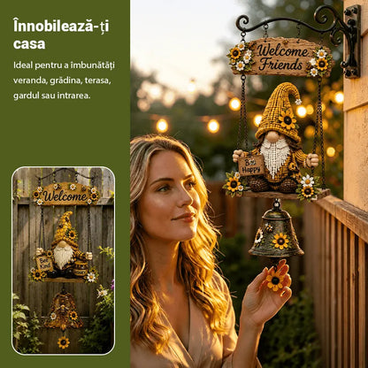 🎅Clopoțel de Bun Venit cu Pitic de Grădină, Plăcuță „Welcome”, Clopoțel Retro din Bronz, Suport de Perete din Fier, Decorațiune Curte și Terasă