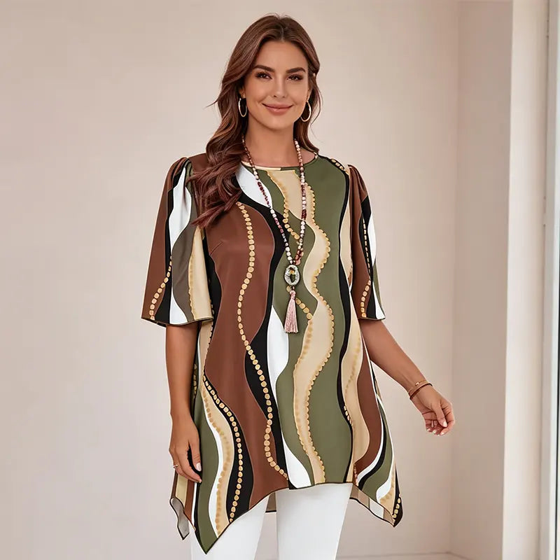 🏆50% reducere🔥 Tricou cu guler rotund și tiv asimetric imprimat – Material moale, respirabil și confortabil.