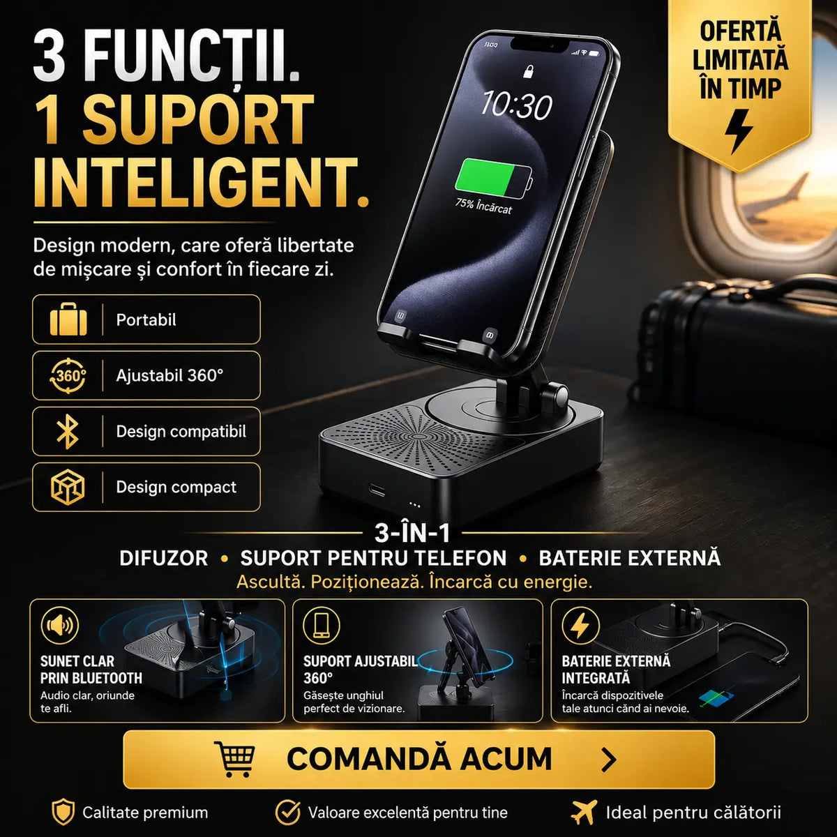 🔥 3 în 1: Difuzor Bluetooth + încărcător + suport pentru telefon 360° 📱🔊⚡
