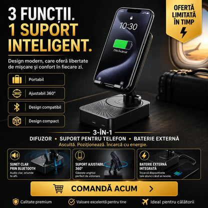 🔥 3 în 1: Difuzor Bluetooth + încărcător + suport pentru telefon 360° 📱🔊⚡