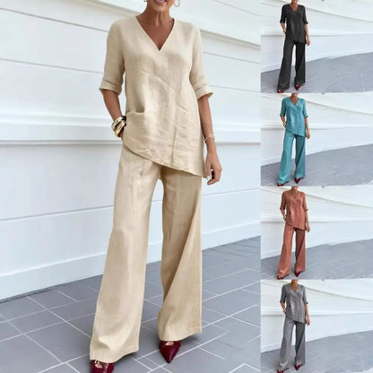 ❤️50% Reducere💥【40-100 kg】Set 2026: Top uni din bumbac și in, mânecă scurtă și decolteu în V + pantaloni casual drepți ✅️Ramburs la livrare