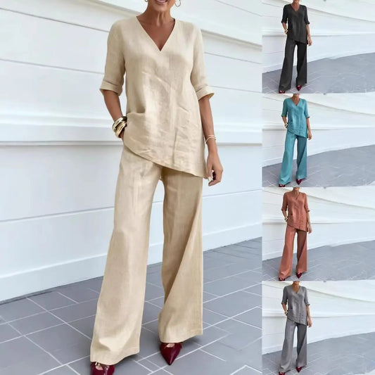 ❤️50% Reducere💥【40-100 kg】Set 2026: Top uni din bumbac și in, mânecă scurtă și decolteu în V + pantaloni casual drepți