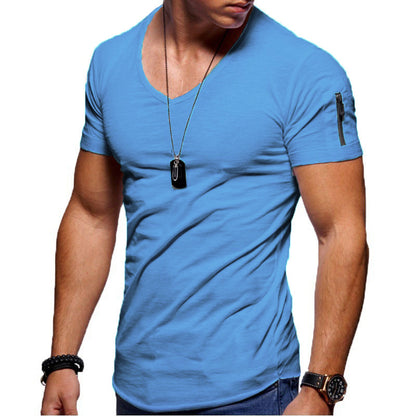 💪👔Tricou bărbătesc cu mânecă scurtă, în culoare uni, mulat și decolteu în V