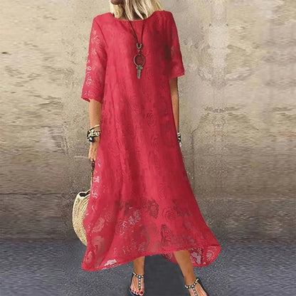 💃50% reducere🔥Rochie lungă din dantelă, cu mâneci scurte și decolteu rotund, de zi cu zi