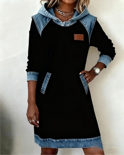 🔥🌷🌞 Noutate de iarnă: Rochie modernă din denim, cu glugă și design patchwork