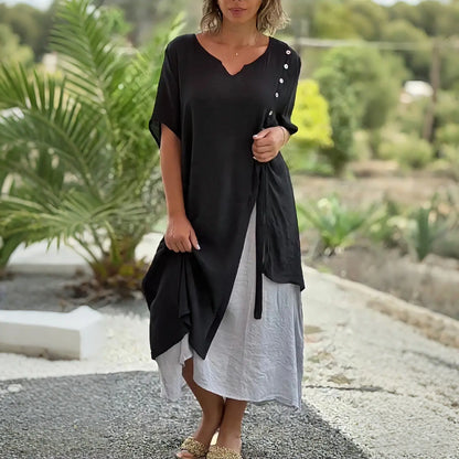 🎁【S-4XL】Rochie de lenjerie intimă din bumbac, la modă, cu decolteu în V, falsă, din două piese, neregulată, din două piese