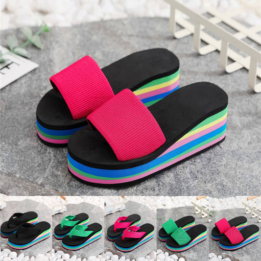 【Reducere 80% la fiecare pereche】Sandale curcubeu de vară cu talpă groasă pentru femei, papuci de plajă