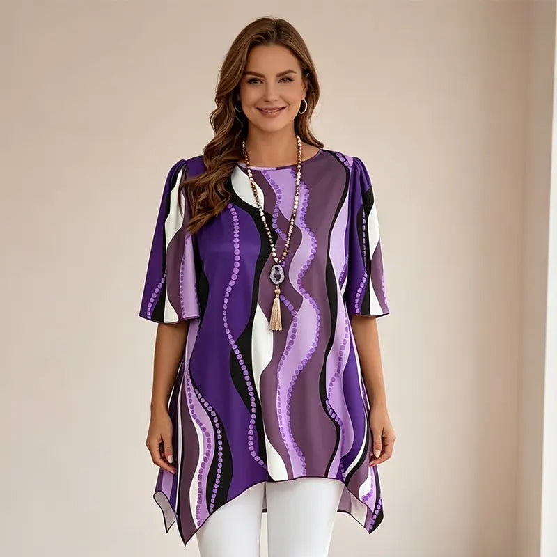 🏆50% reducere🔥 Tricou cu guler rotund și tiv asimetric imprimat – Material moale, respirabil și confortabil.