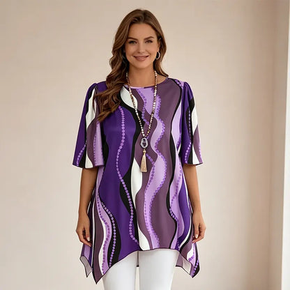 🏆50% reducere🔥 Tricou cu guler rotund și tiv asimetric imprimat – Material moale, respirabil și confortabil.