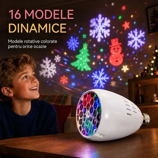 ✨ Bec LED cu proiecție pentru Crăciun (soclu E27) | 16 modele dinamice | Creează o atmosferă festivă în câteva secunde 🎄