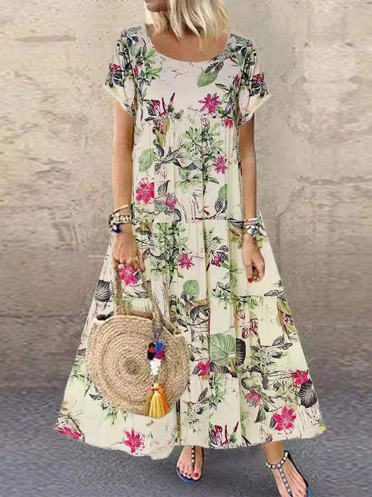 🌼【40-120 kg】Rochie retro pentru femei cu motiv floral, mâneci scurte și decolteu rotund, mărime mare