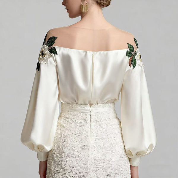 Celebrity styl haftowany ścieg satynowy bluzka kobiety 2025