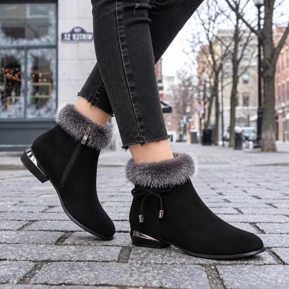 👢【35-41】Botine de damă cu toc mediu și vârf rotund, din piele neagră moale.