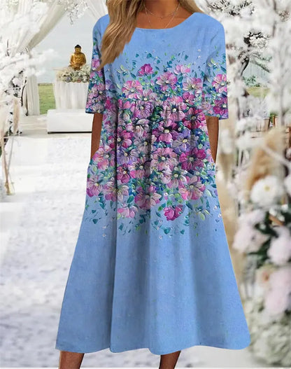 🌸Rochie nouă de vară pentru femei, cu decolteu rotund și model, în mărimi mai mari, vaporoasă și casual
