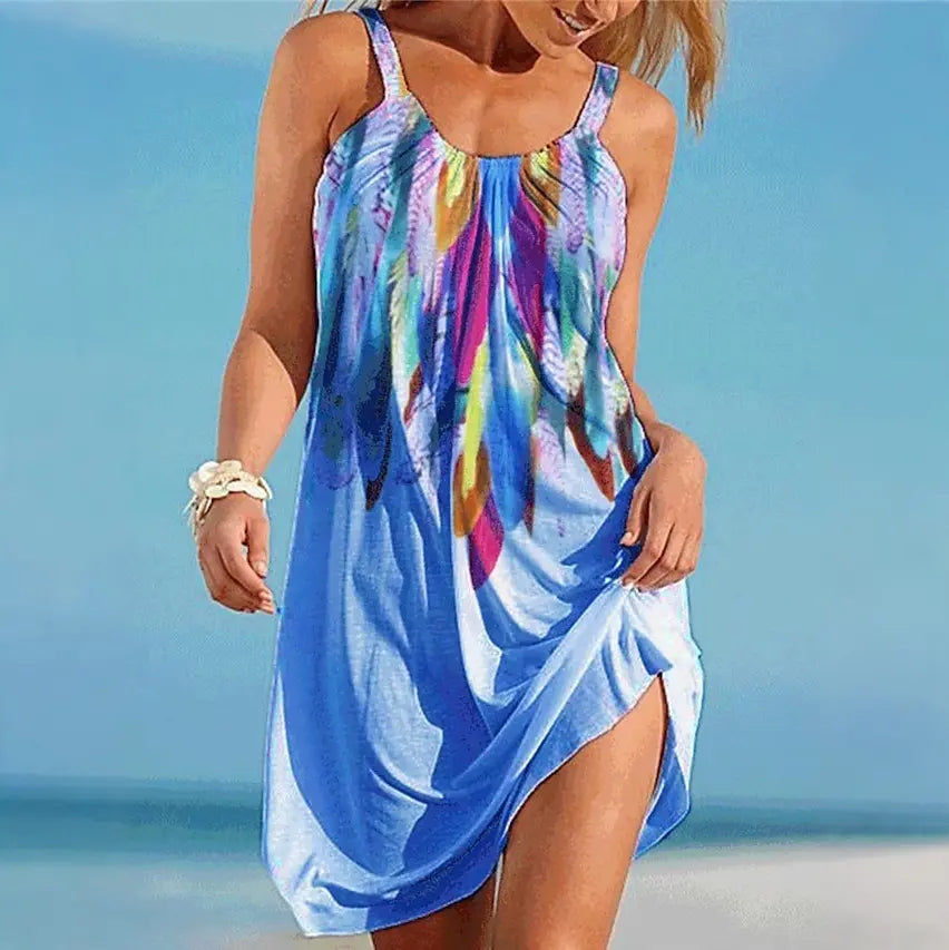 🎁【S-8XL】Rochie de plajă cu imprimeu de vară pentru femei, perfectă pentru călătorii și vacanțe.