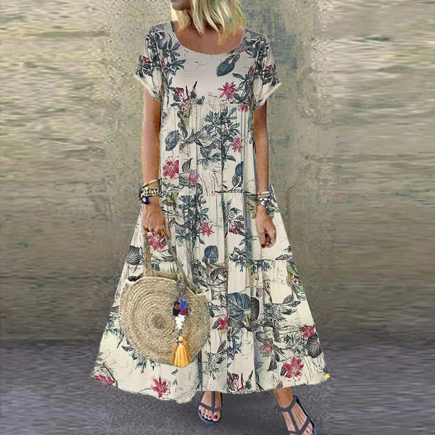 🌼【40-120 kg】Rochie retro pentru femei cu motiv floral, mâneci scurte și decolteu rotund, mărime mare