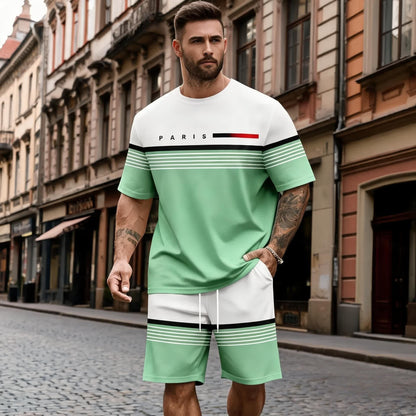 😍【S-6XL】(Bluză + Pantaloni) Set bărbătesc casual și confortabil, format din cămașă cu mânecă scurtă și pantaloni scurți cu imprimeu cu litere.