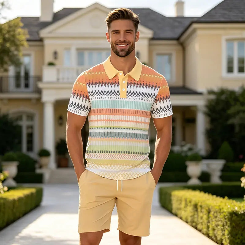 ✨Colecția Vară 2026✨ Set Tricou Polo și Pantaloni scurți pentru bărbați 🏝️ Imprimeu digital 3D modern!