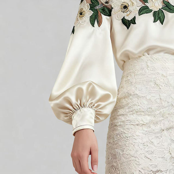 Celebrity styl haftowany ścieg satynowy bluzka kobiety 2025