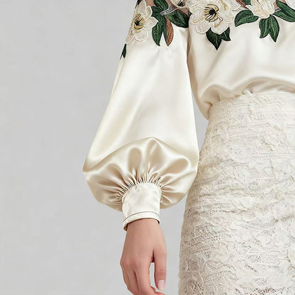 Celebrity styl haftowany ścieg satynowy bluzka kobiety 2025