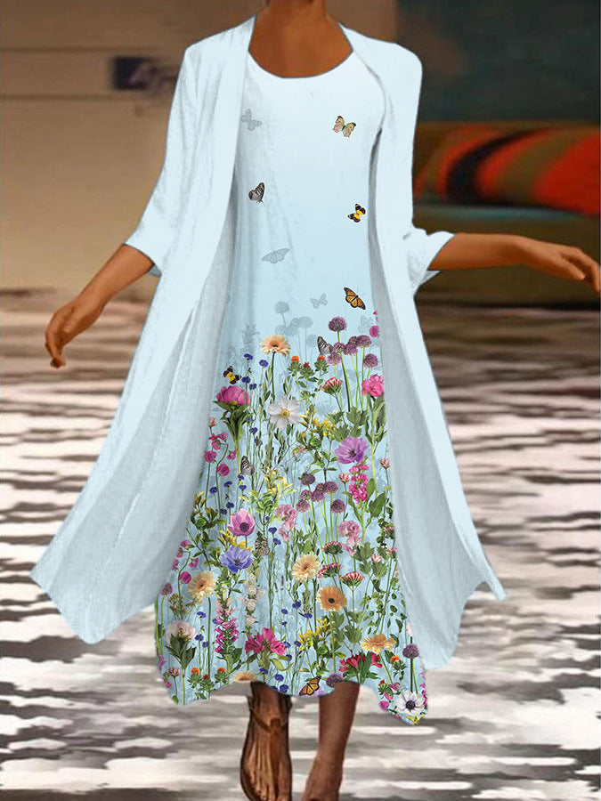 🌻 Reducere -50%🔥【40-120 kg】Rochie nouă pentru femei cu imprimeu floral, rochie din două piese și decolteu rotund