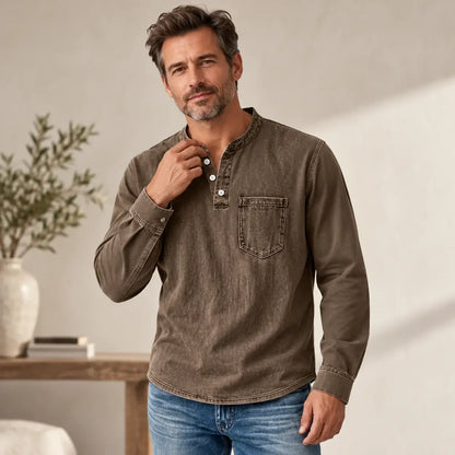 Cămașă din denim pentru bărbați, cu mâneci lungi, decolteu în V și buzunar