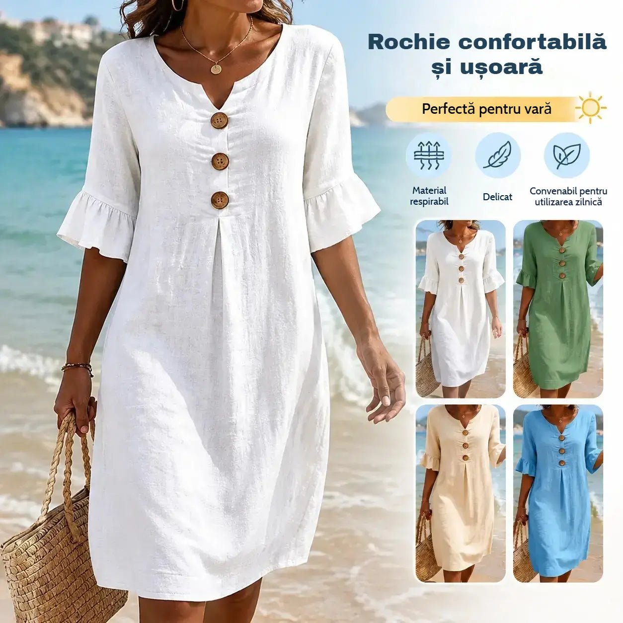 🎁【S-5XL】Rochie de damă din bumbac și in, cu mâneci bufante și nasturi