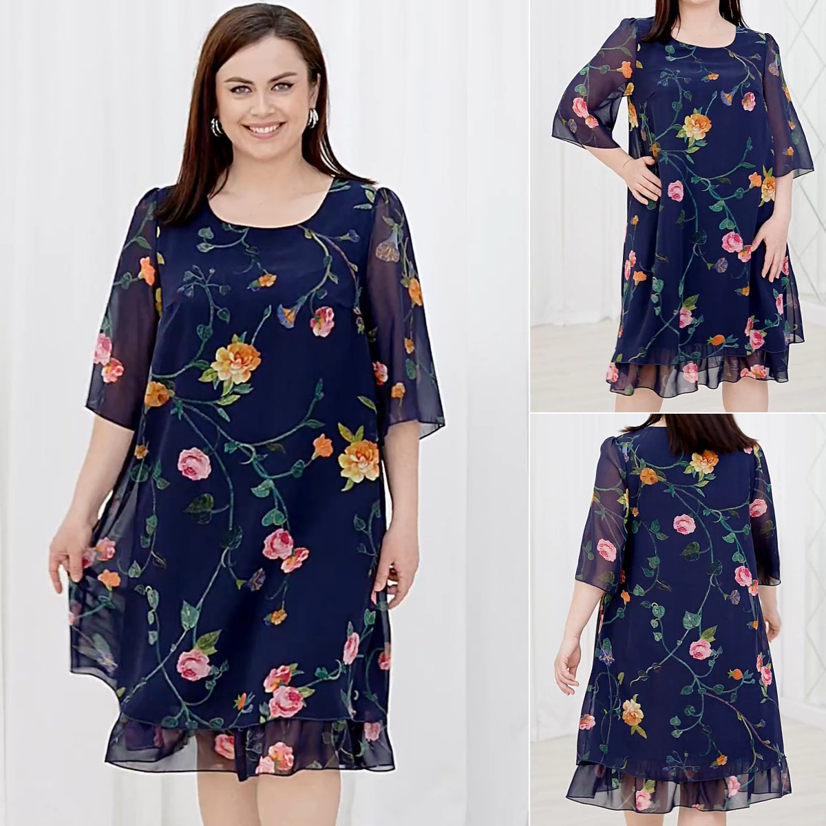 💥【Cumpărați 1 și primiți 1 gratuit】💕【S-5XL】👗Rochie elegantă cu imprimeu din plasă și mâneci cu volan