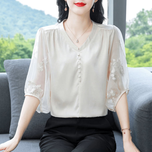 【🏆Cumpără 1 primești 1 gratis】✨【L-5XL】Cămașă nouă, cu decolteu în V, elegantă, cu imprimeu brodat