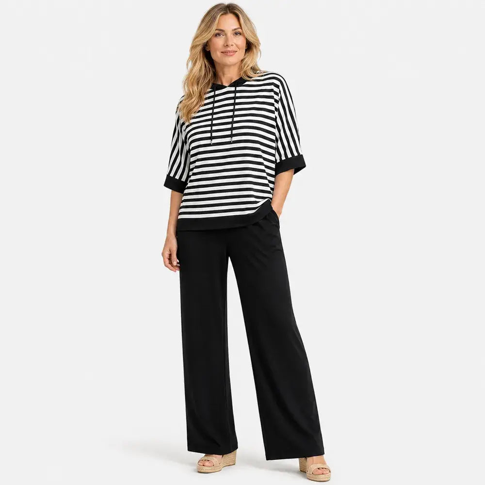 ✨Set confortabil de damă pentru purtare zilnică, bumbac, bluză cu glugă în dungi gri + pantaloni de trening largi