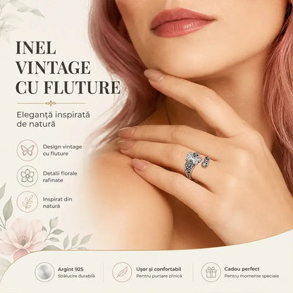 Inel Reglabil din Argint Vintage – În Stil Boho/Retro cu Motive de Fluture, Flori și Copacul Vieții (Inel Deschis, Ajustabil) 🦋🌸🌳