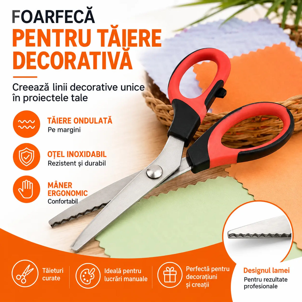 ✂️ Foarfecă multifuncțională cu lame în zigzag – pentru țesături, hârtie și proiecte de artizanat 🧵