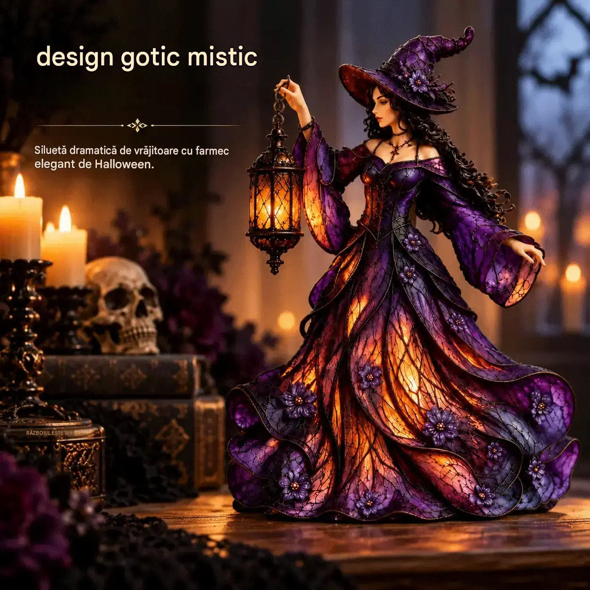 🧙‍♀️ Figurină gotică de vrăjitoare pentru Halloween, cu felinar LED 🧙‍♀️
