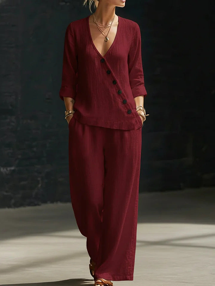 🥰【Bluză + Pantaloni】(40-120 kg) Set din două piese - Bluză simplă cu decolteu în V și pantaloni cu croi larg