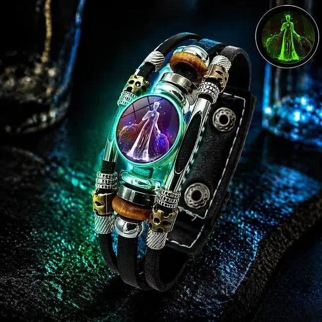 🌙 Brățară din piele luminoasă, cu simbol zodiacal – design împletit în 3 straturi, lungime reglabilă, unisex 💫✨
